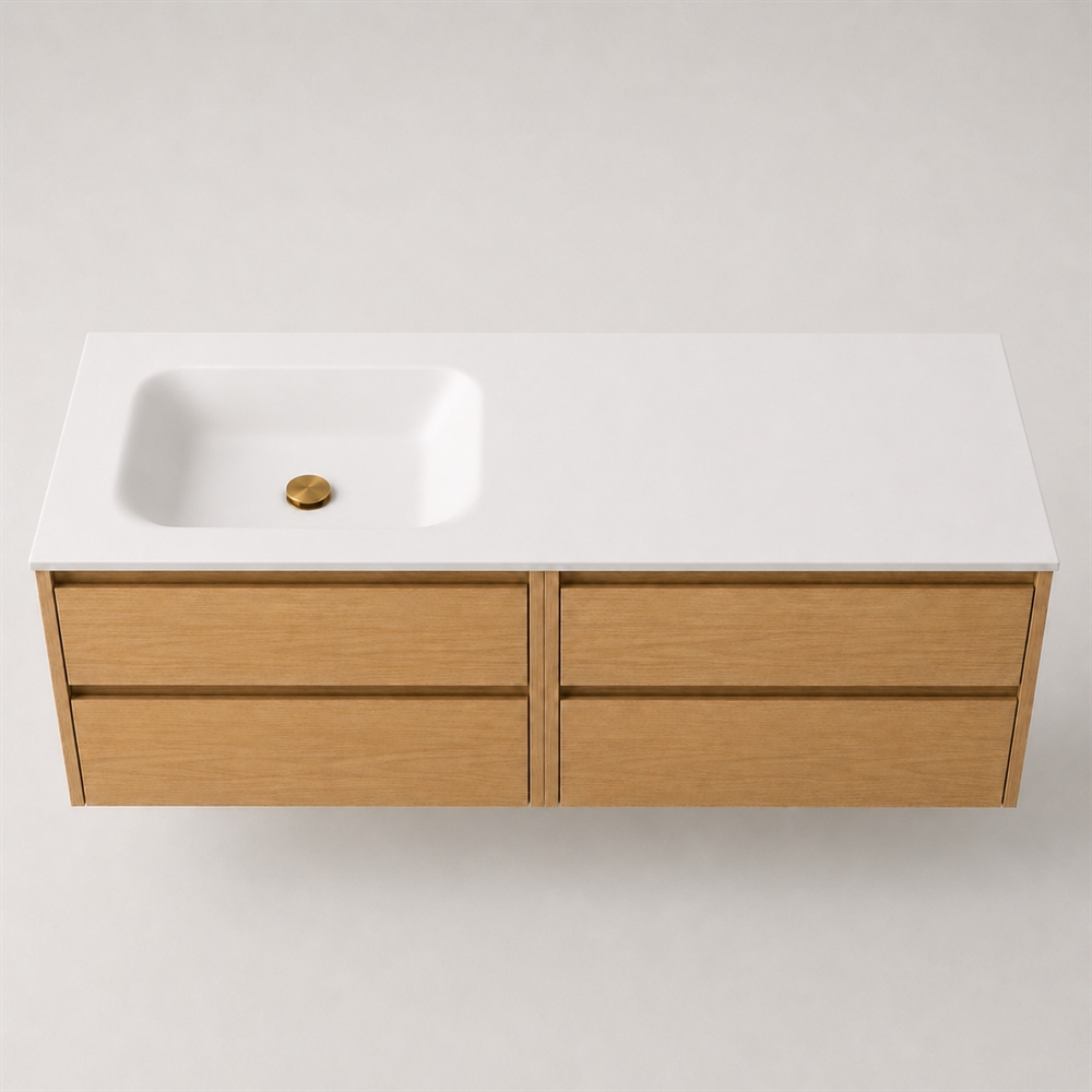 Corian badrumsskiva 142 cm inkl. Lux-handfat, vänster, Glacier White